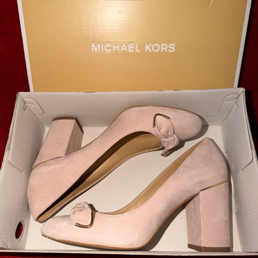 Michael Kors Blush Suede Block Heel Pumps with Knot Accent